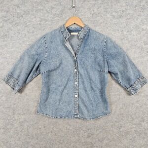 Sartoria Saracena Embroidered Denim Shirt Blouse Women's Size M 3/4 Sleeve Italy